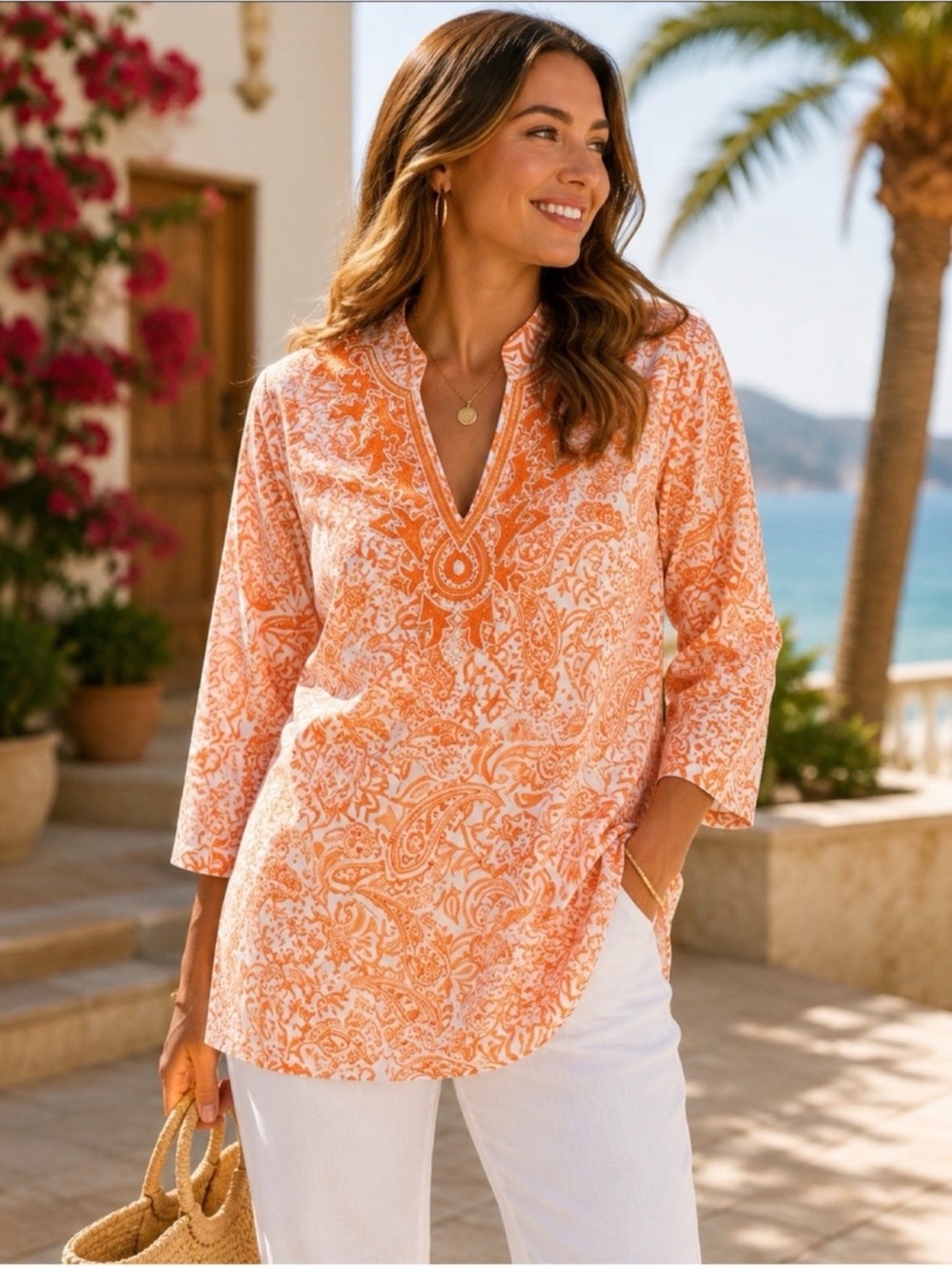 Peck & Peck Orange Paisley Embroidered Cotton Tunic Top Size Medium